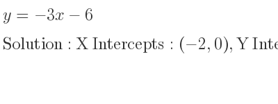 The y=-3x-6 is X Intercepts: (-2,0),Y Intercepts: (0,-6)